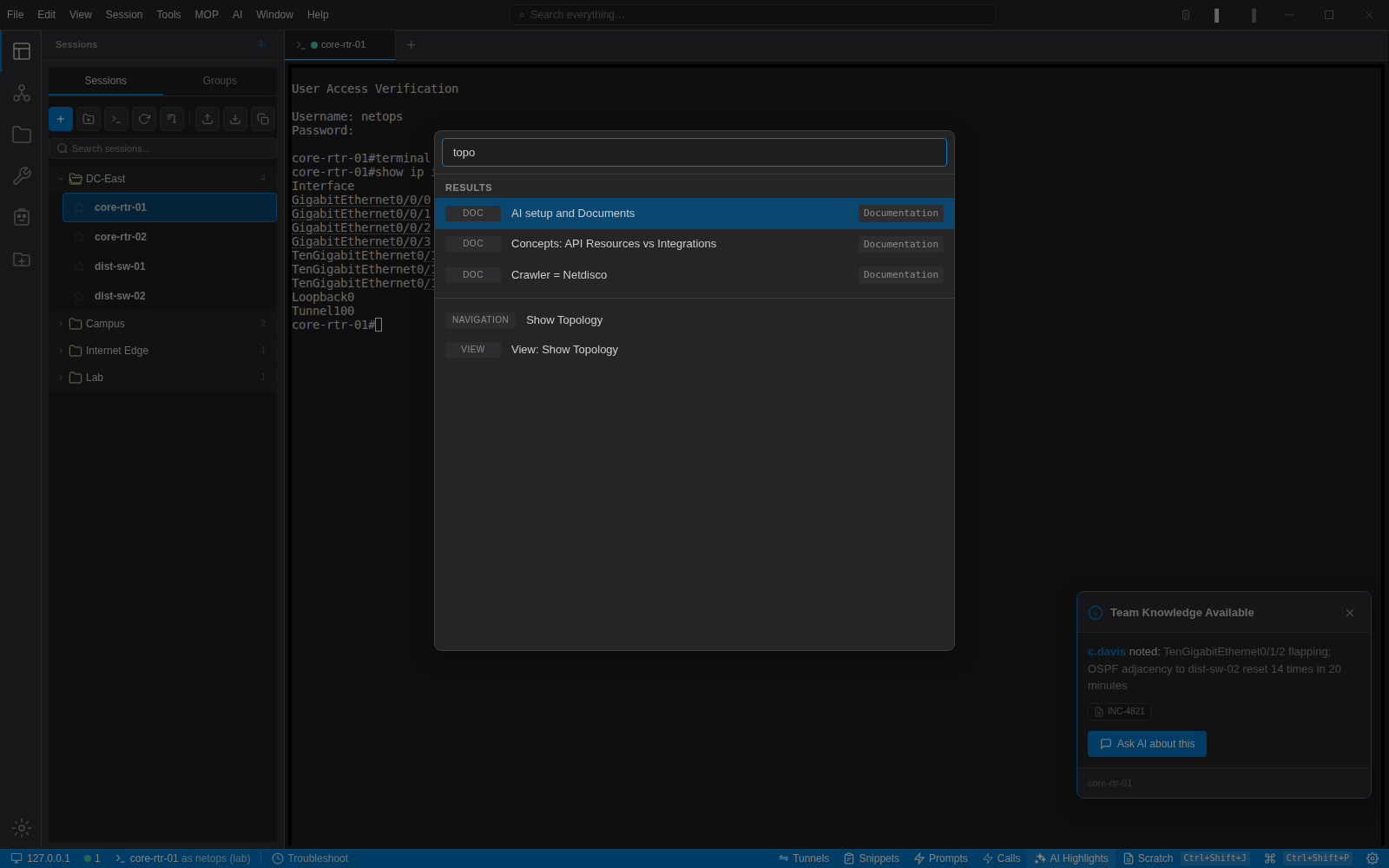 The NetStacks command palette open over a terminal, filtered to 'topo', listing documentation results and the Show Topology command