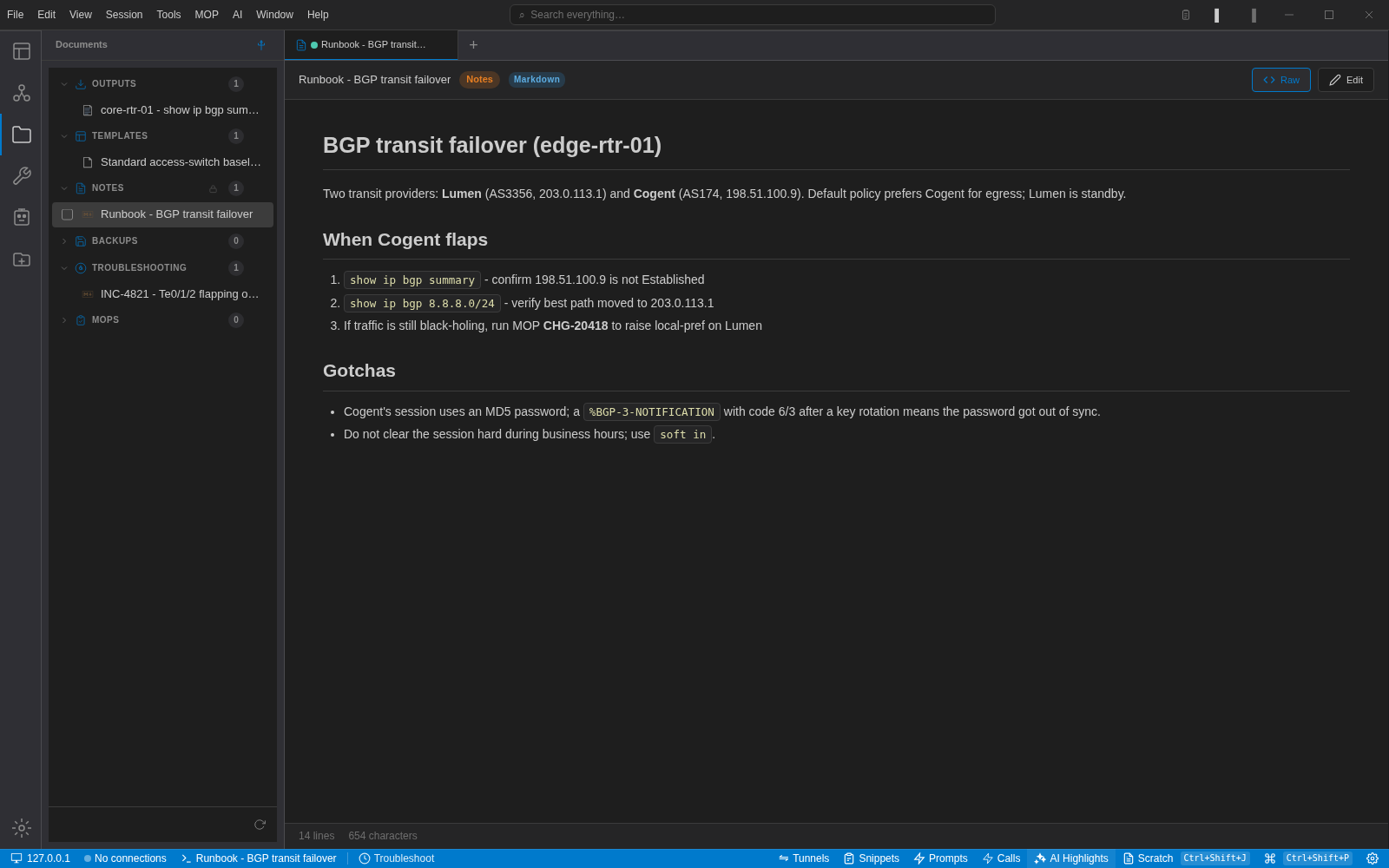 A BGP transit failover runbook rendered from Markdown in NetStacks with the Documents sidebar showing outputs, templates, notes and troubleshooting