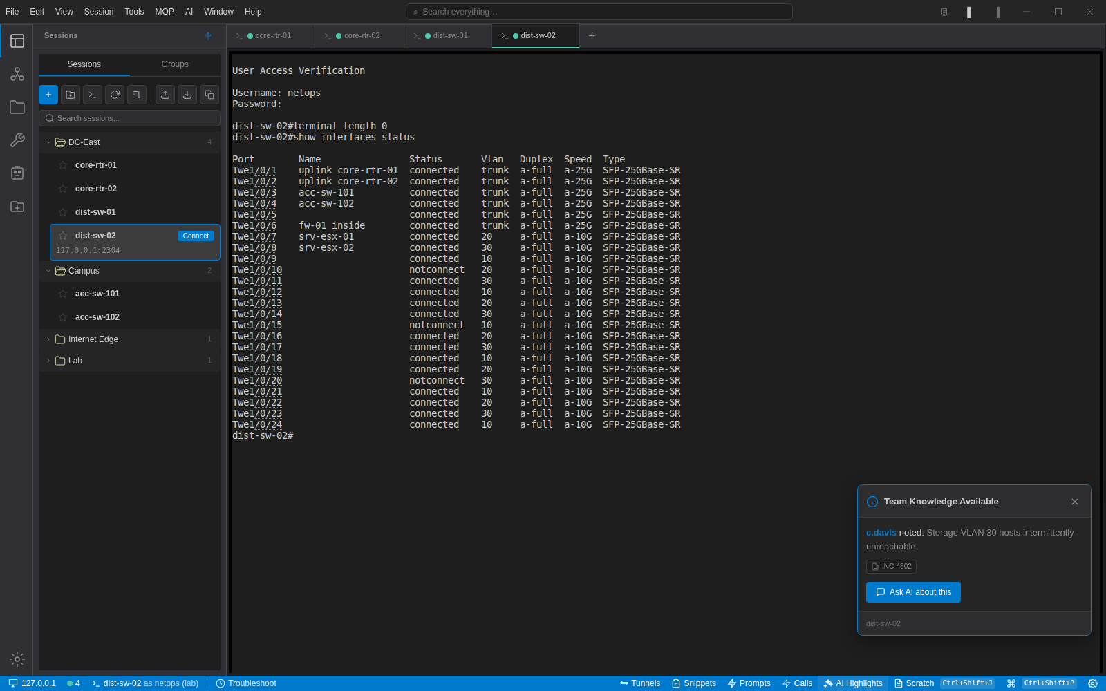 Four device tabs open in NetStacks with the DC-East and Campus folders expanded and interface status output on dist-sw-02