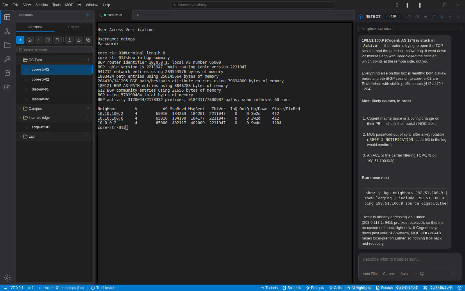 NetStacks with 'show ip bgp summary' output on core-rtr-01 and the NetBot panel explaining that one peer is stuck in Active state, listing likely causes and the commands to run next