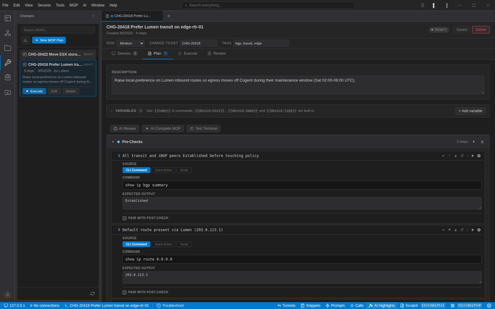 The NetStacks MOP builder for CHG-20418 with risk, ticket and tags, and the first two pre-check steps with commands and expected output