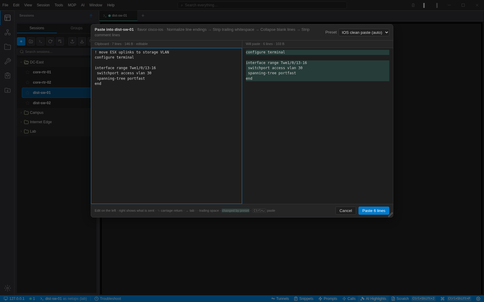 NetStacks paste dialog for dist-sw-01: the clipboard on the left, the six lines to be pasted on the right after the IOS clean paste preset