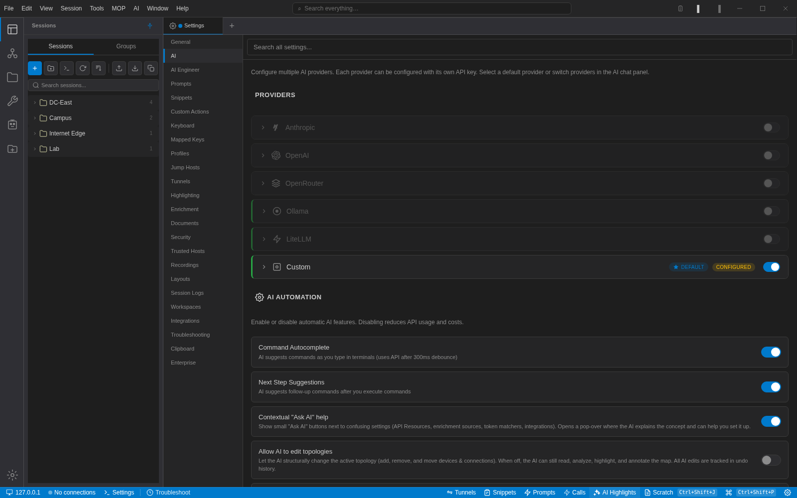 NetStacks AI settings listing Anthropic, OpenAI, OpenRouter, Ollama, LiteLLM and a configured Custom provider, followed by AI automation toggles