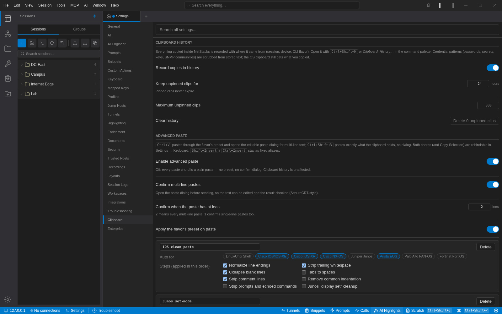 NetStacks clipboard settings with retention controls, the advanced paste master switch, confirm thresholds and per-flavour transform presets