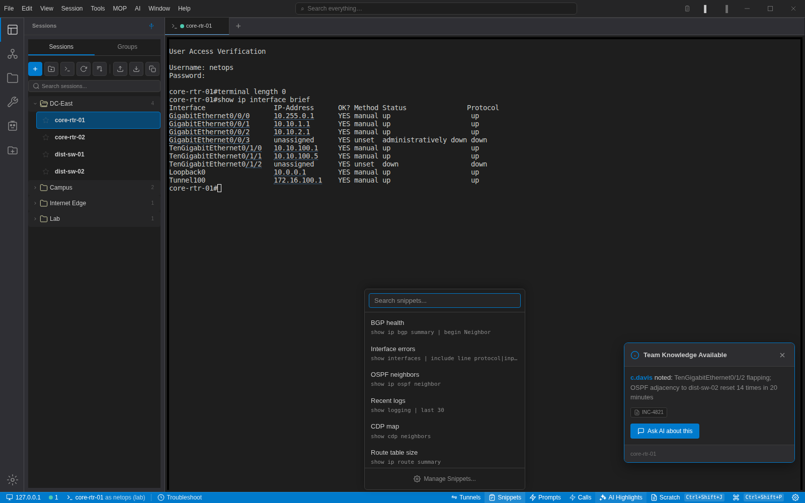 The snippets popover in NetStacks listing saved show commands above the status bar