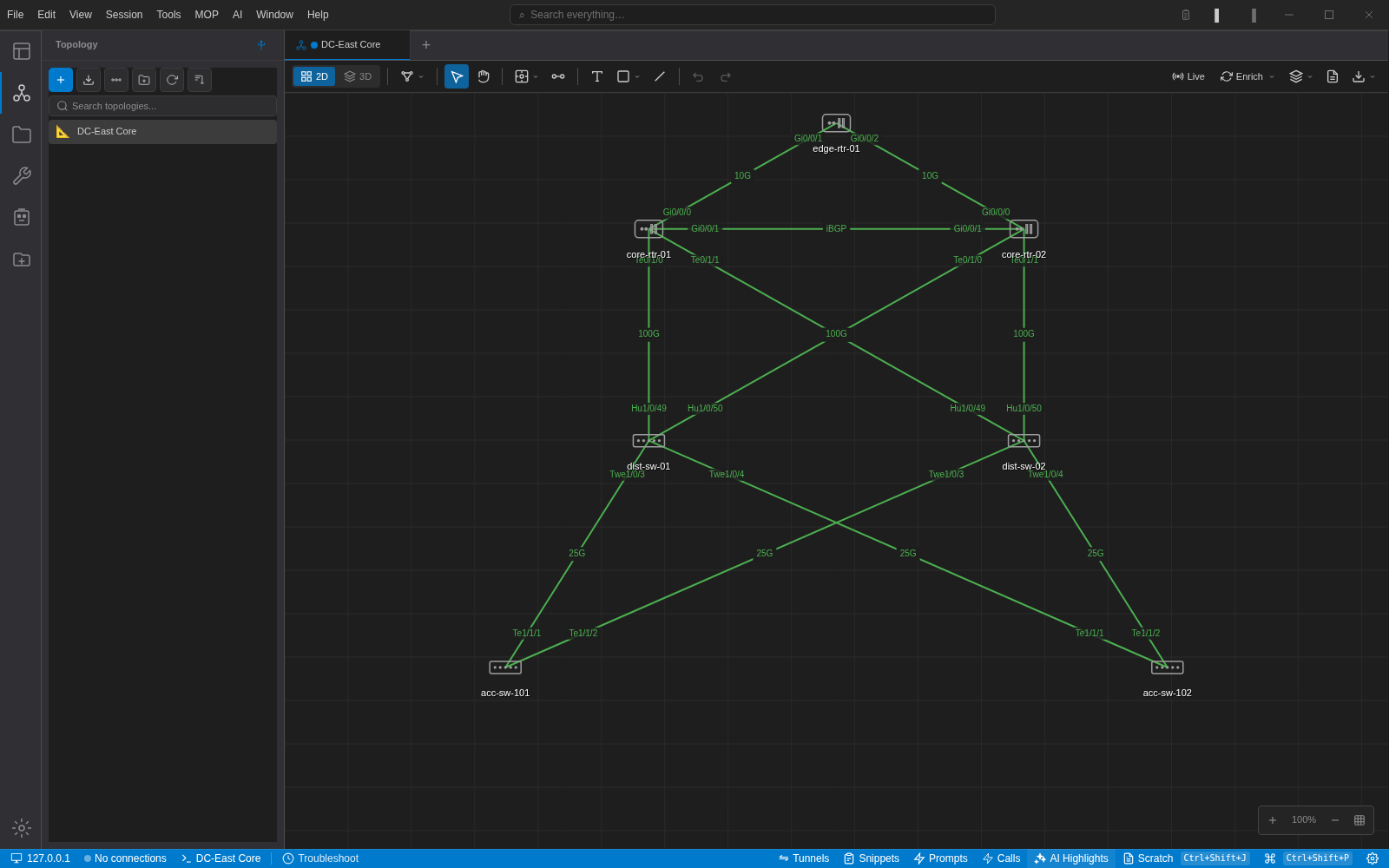 A 2D topology in NetStacks with an edge router, two core routers, two distribution and two access switches joined by labelled links