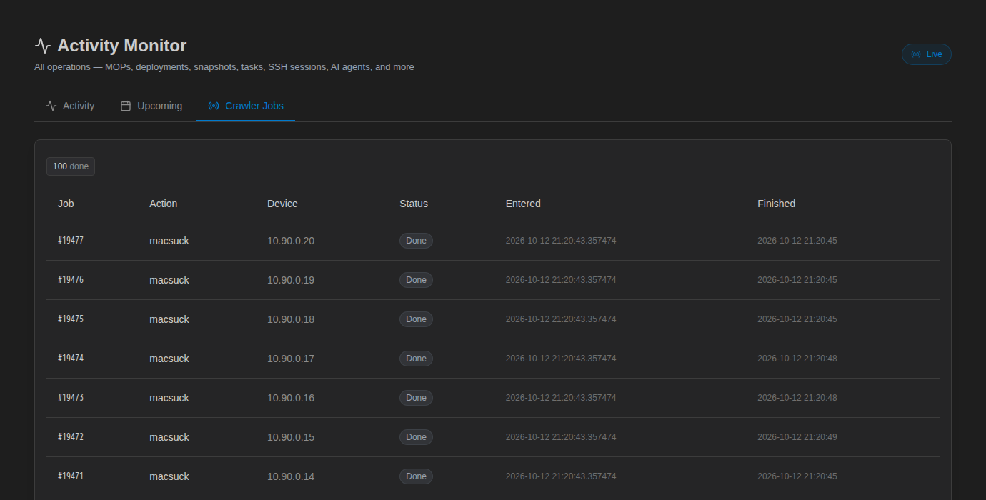 Crawler Jobs tab listing discovery jobs with action, device, status and timestamps