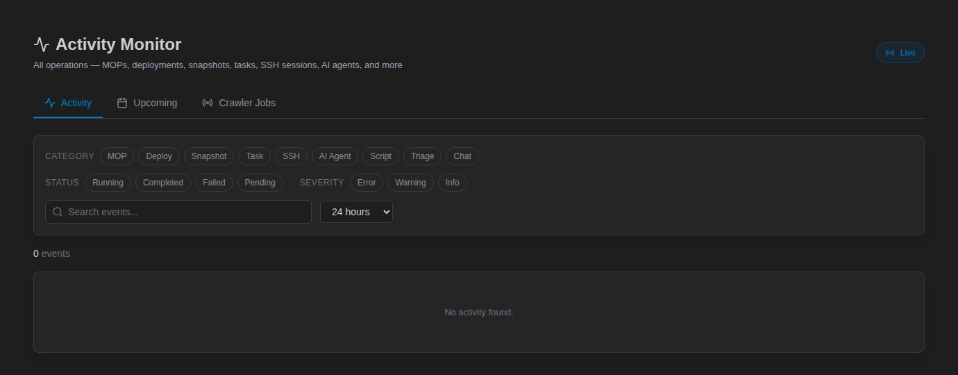 Activity Monitor with Activity, Upcoming and Crawler Jobs tabs, category, status and severity filters