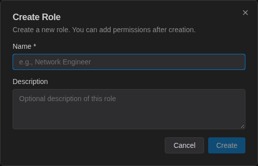 Create Role dialog with Name and Description fields