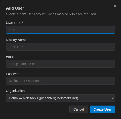 Add User dialog with Username, Display Name, Email, Password and Organization fields