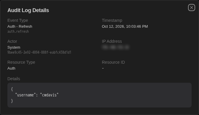 Audit Log Details dialog showing event type, timestamp, actor, IP address and JSON details