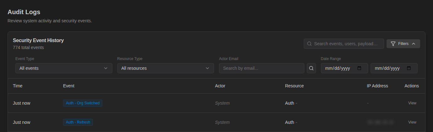 Audit Logs Filters panel with Event Type, Resource Type, Actor Email and Date Range