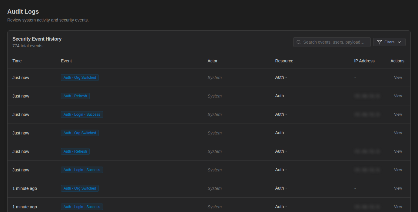 Audit Logs page with the Security Event History table showing time, event, actor, resource and IP address