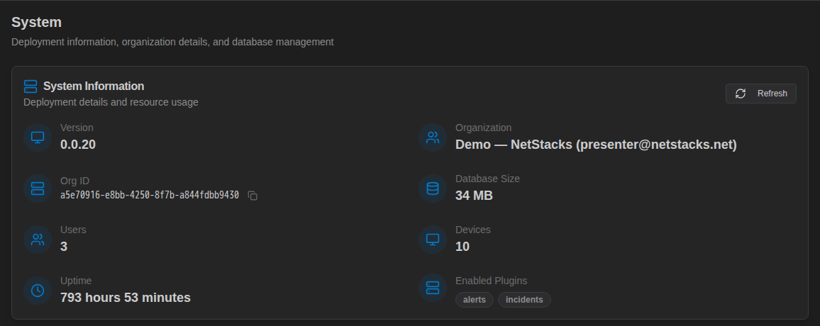 Deployment Info page showing System Information card and Database Management card