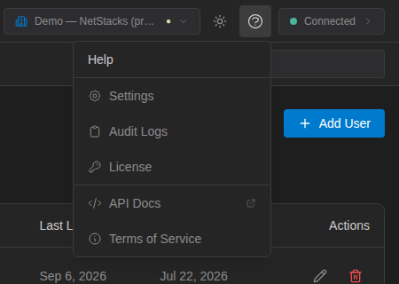 Header Help menu listing Settings, Audit Logs, License, API Docs and Terms of Service
