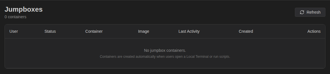 Jumpboxes page listing per-user jumpbox containers