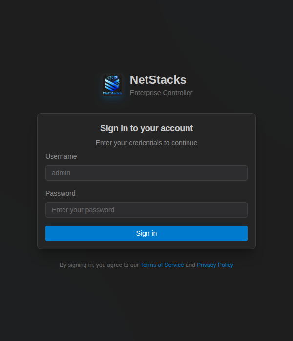 NetStacks Enterprise Controller sign-in page with Username and Password fields