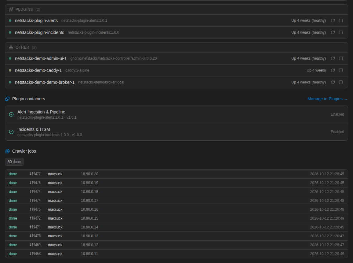 Platform Health lower section showing plugin containers and recent crawler jobs