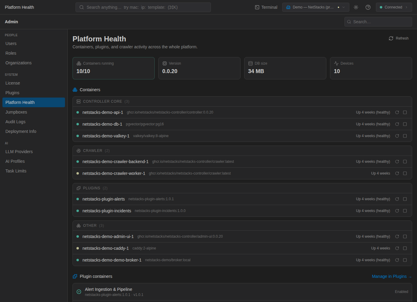 Platform Health page with summary cards and containers grouped as Controller Core, Crawler, Plugins and Other