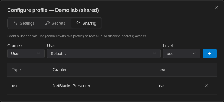 Configure profile dialog Sharing tab granting a user or role use or reveal access