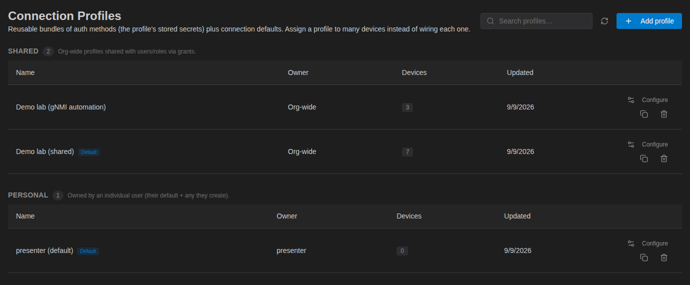 Connection Profiles page in Access & Secrets listing shared and personal profiles