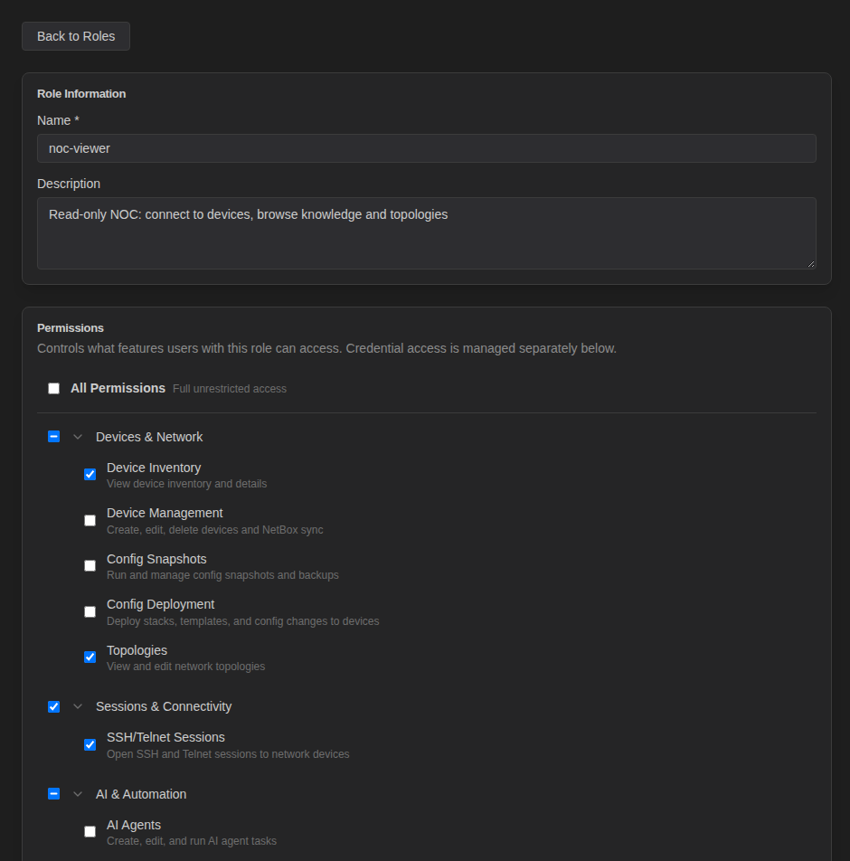 Edit Role page with Role Information and the grouped Permissions checklist