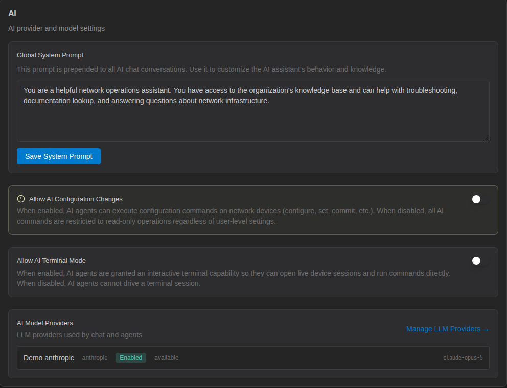 AI category with global system prompt, configuration-change and terminal-mode switches, and providers