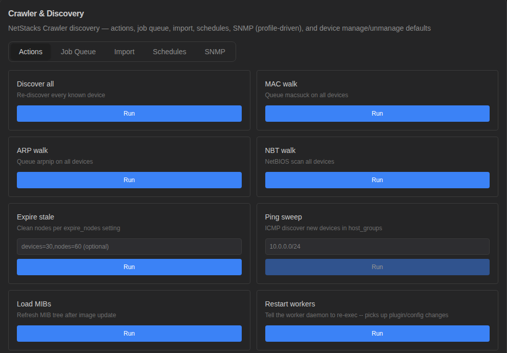 Crawler & Discovery category Actions tab with discovery actions and recent jobs
