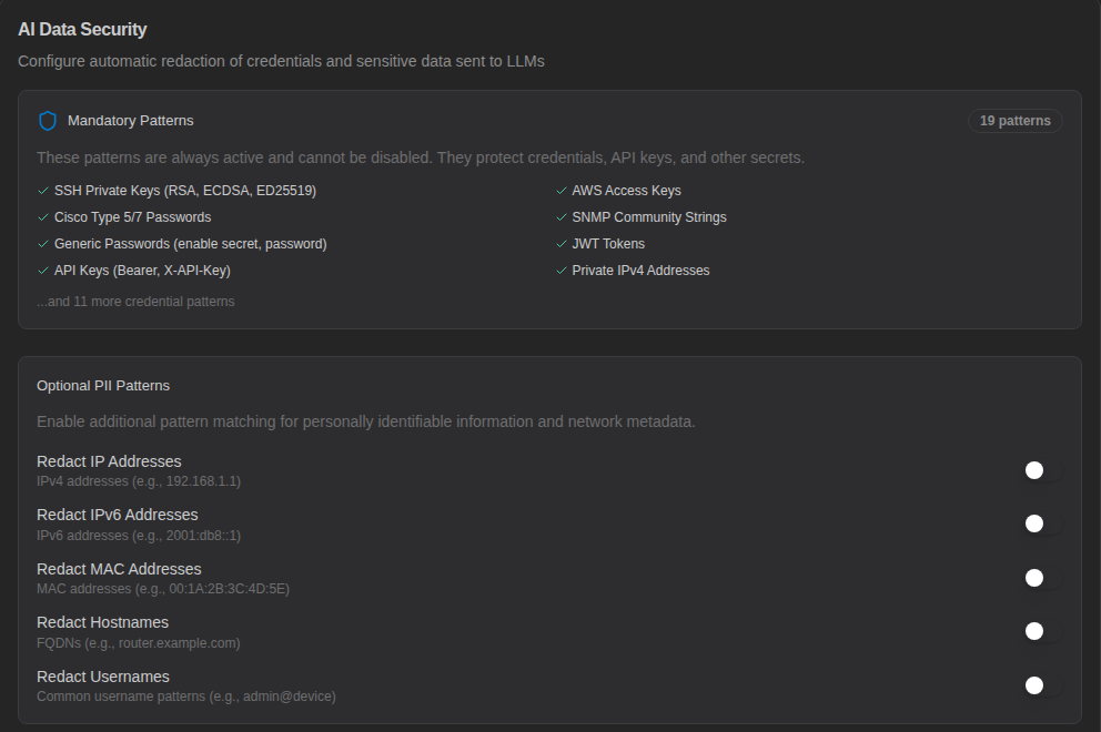 AI Data Security category with mandatory and optional redaction patterns