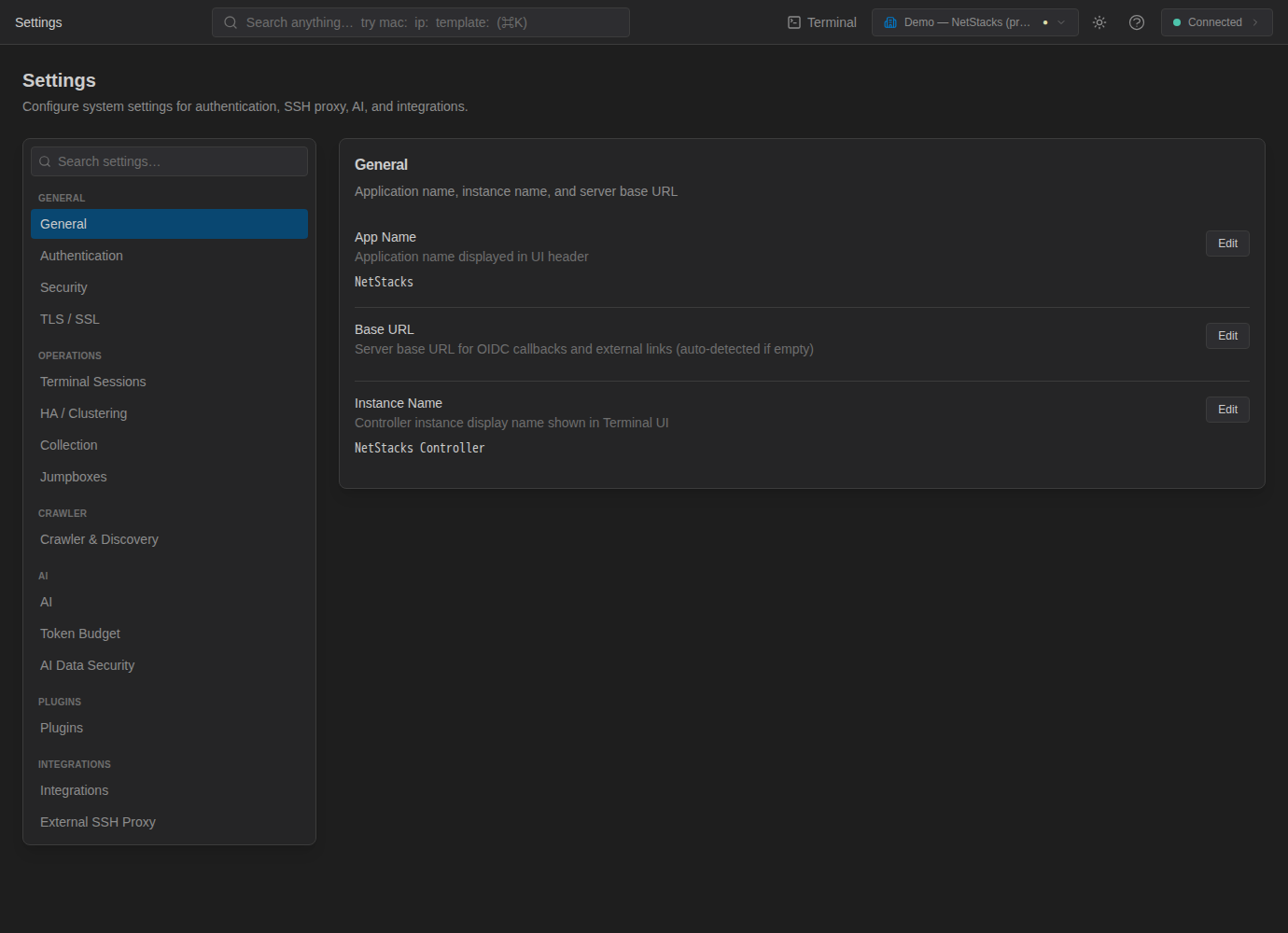 Settings page with the category rail on the left and the General category on the right