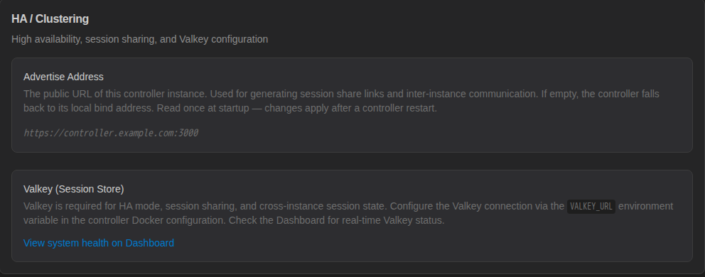 HA / Clustering category with Advertise Address and Valkey information
