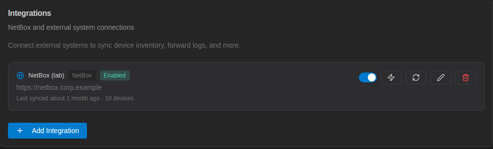 Integrations category listing a NetBox integration with test, sync, edit and delete buttons