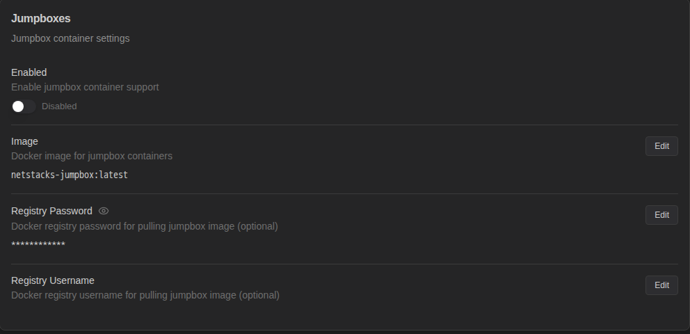 Jumpboxes category with Enabled, Image and registry credential settings