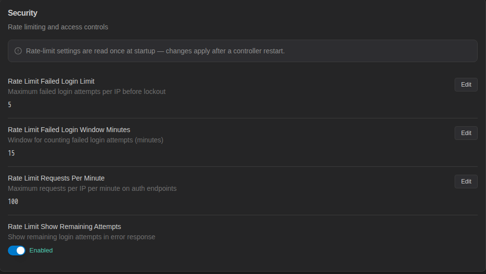 Security category with rate-limit settings