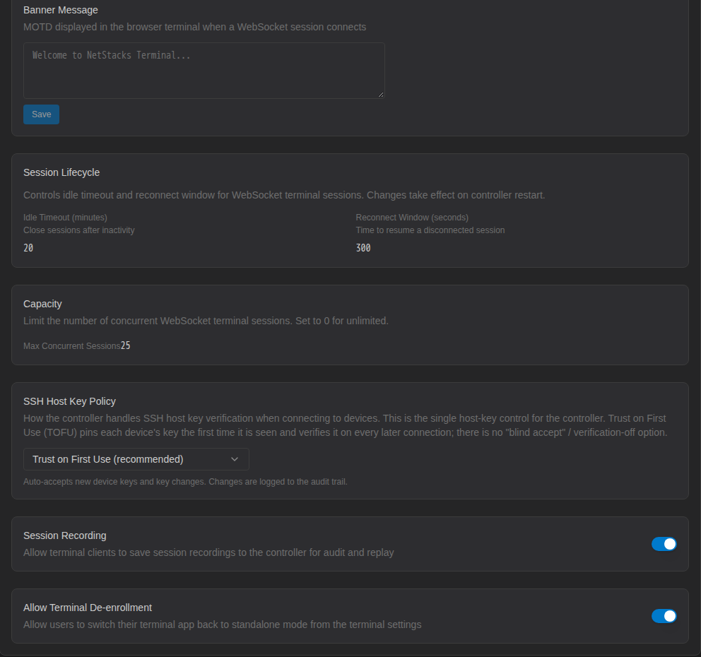 Terminal Sessions category with banner message, session lifecycle, capacity, host key policy, recording and de-enrollment