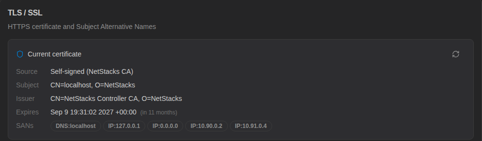 Settings TLS / SSL category showing the current certificate details and Subject Alternative Names