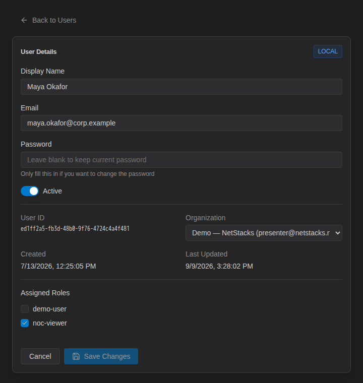 Edit User page with User Details fields and the Assigned Roles checklist