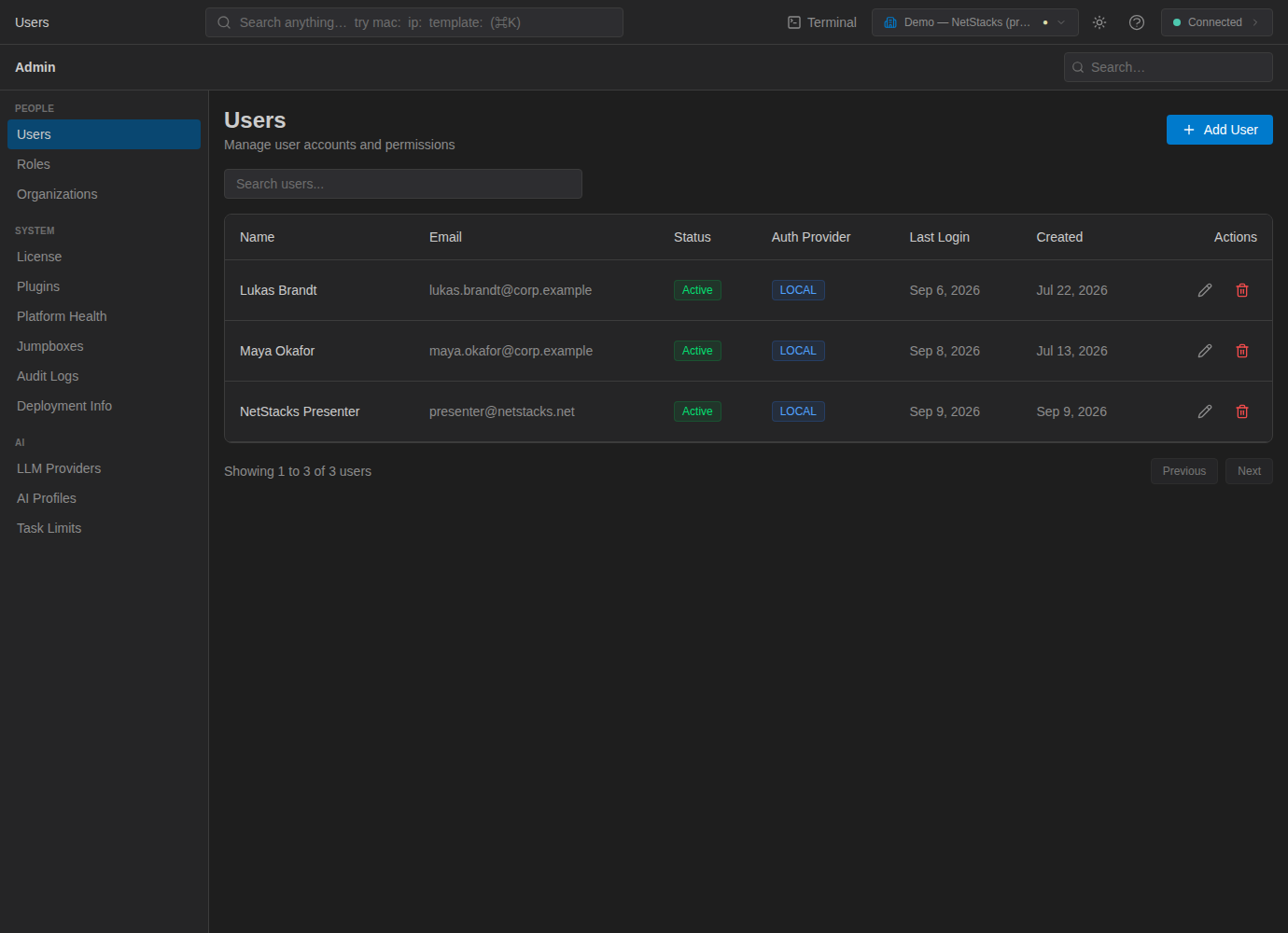 Users page in the Admin area listing users with email, status, auth provider, last login and actions