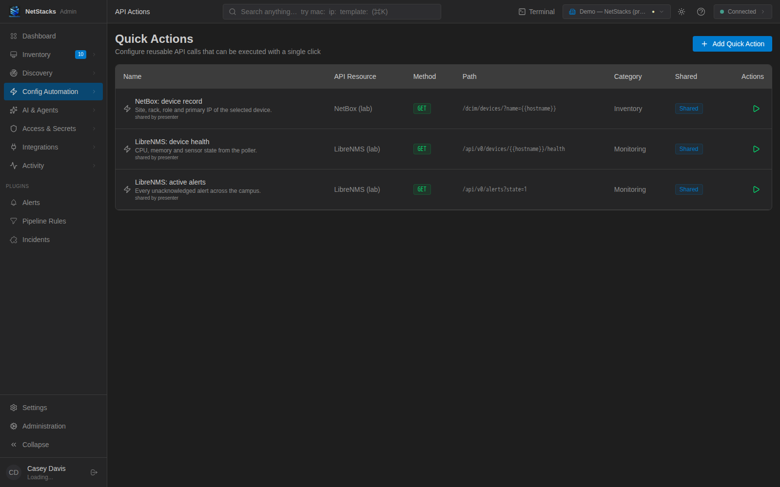 Controller admin console API Actions page listing saved quick actions with API Resource, Method, Path, Category and Shared columns