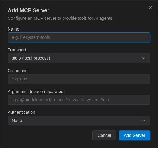 Add MCP Server dialog with Name, Transport, Command, Arguments and Authentication fields