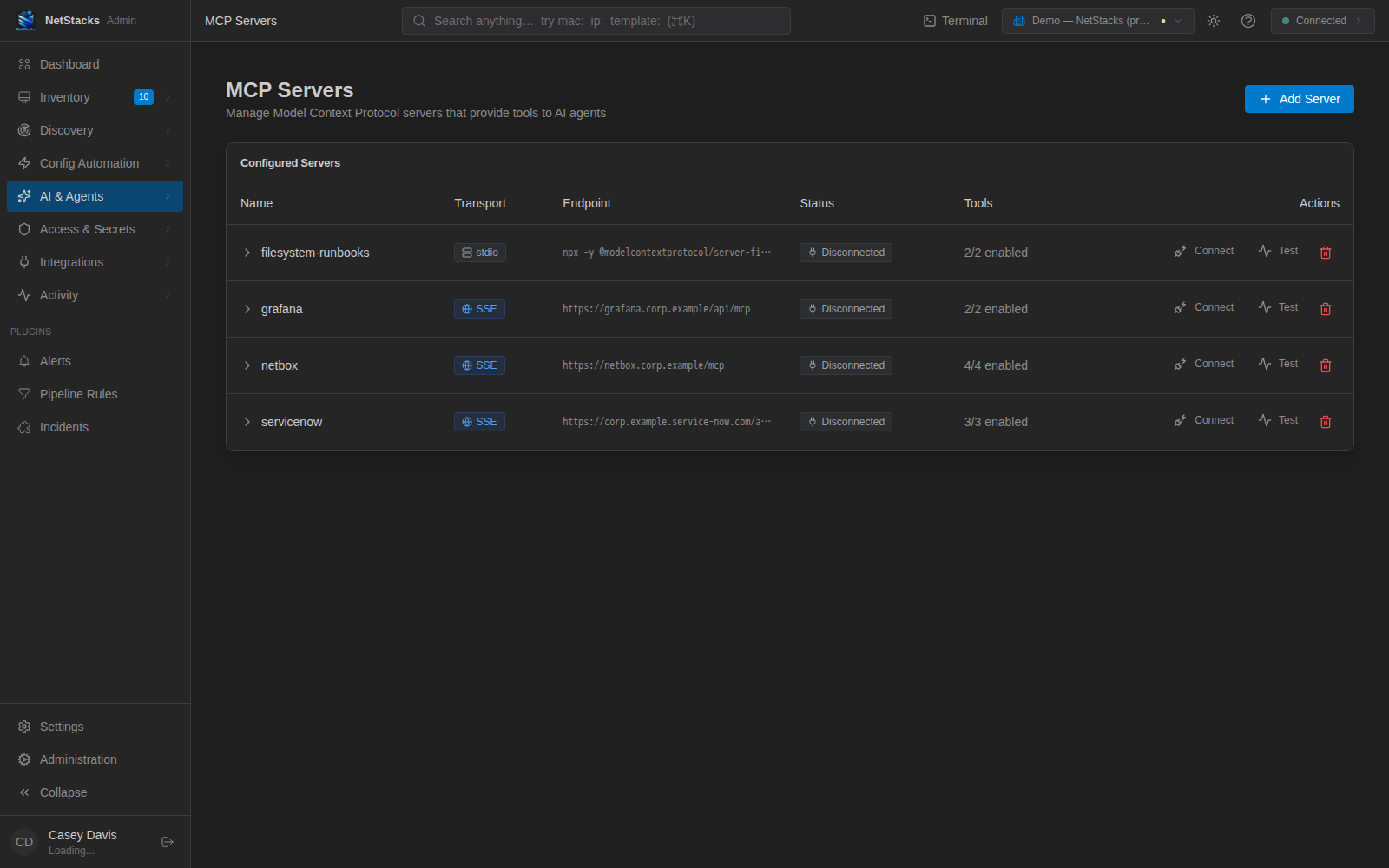 Controller MCP Servers page listing stdio and SSE servers with Connect and Test actions