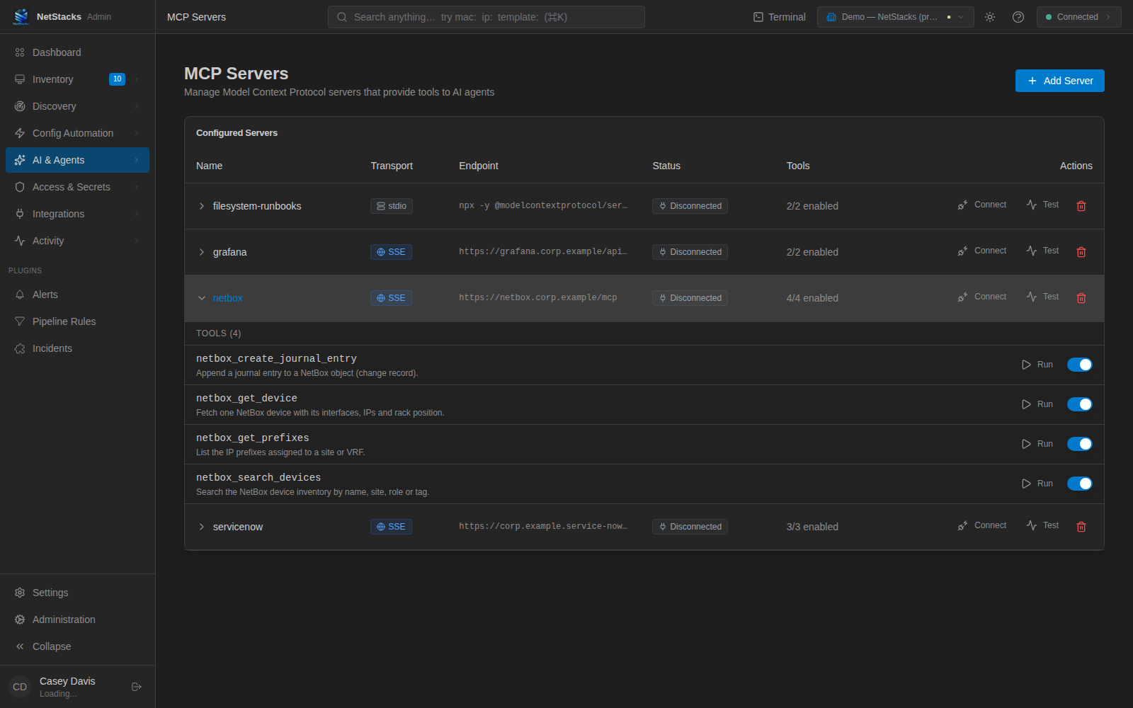 Expanded MCP server showing four NetBox tools, each with Run and an enable switch