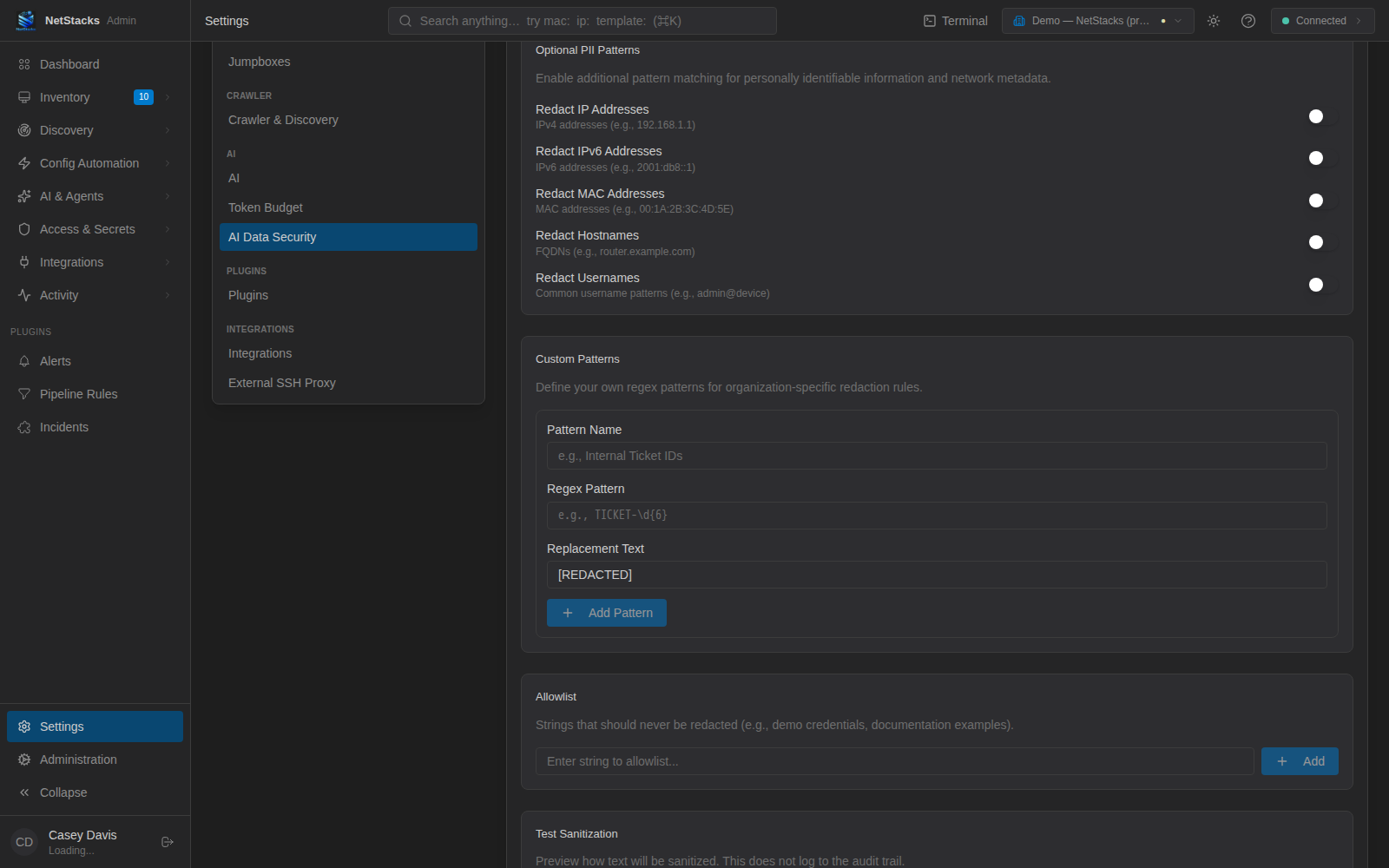 Controller admin Settings AI Data Security page showing Optional PII Patterns, Custom Patterns and Allowlist