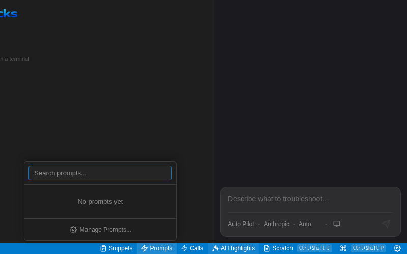 Quick Prompts menu opened from the status bar, with search box and Manage Prompts link