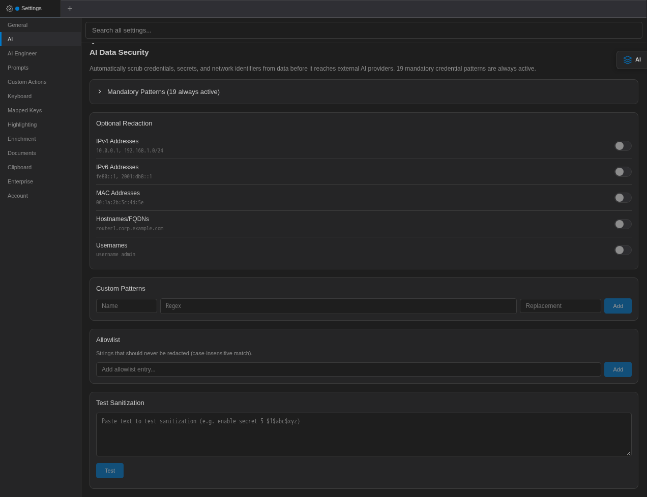 Terminal Settings AI Data Security section with Mandatory Patterns, Optional Redaction, Custom Patterns, Allowlist and Test Sanitization