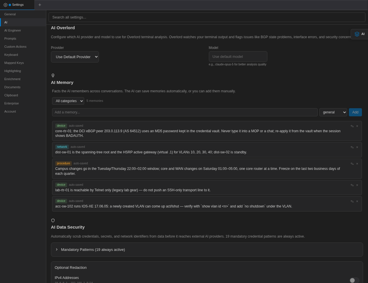 Settings AI Memory section listing saved device, network and procedure memories