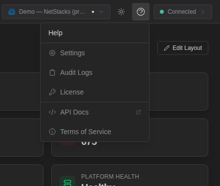 The Help menu in the Admin Console header with the API Docs link