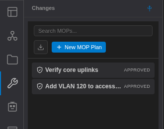 Changes panel in the NetStacks Terminal listing two MOPs with their approval status