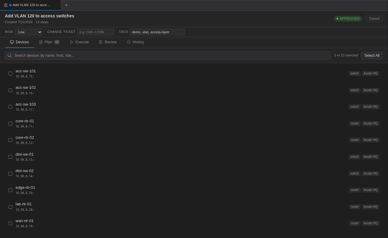 Devices tab listing ten Controller devices with checkboxes, device type and site