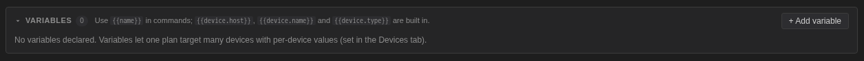 Variables card listing the built-in device variables and an Add variable button
